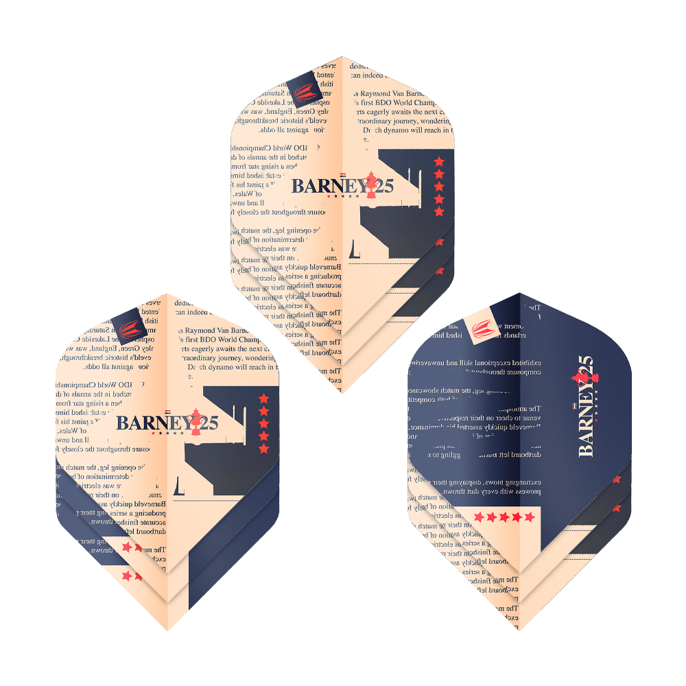 Cíl ProUltra Raymond Van Barneveld Barney25 Standardní lety Das Bild zeigt drei Sätze von Target ProUltra Raymond Van Barneveld Barney25 Standard Flights. Die Flights sind in Beige und Dunkelblau gestaltet und tragen den Aufdruck "BARNEY25" mit roten Sternen.