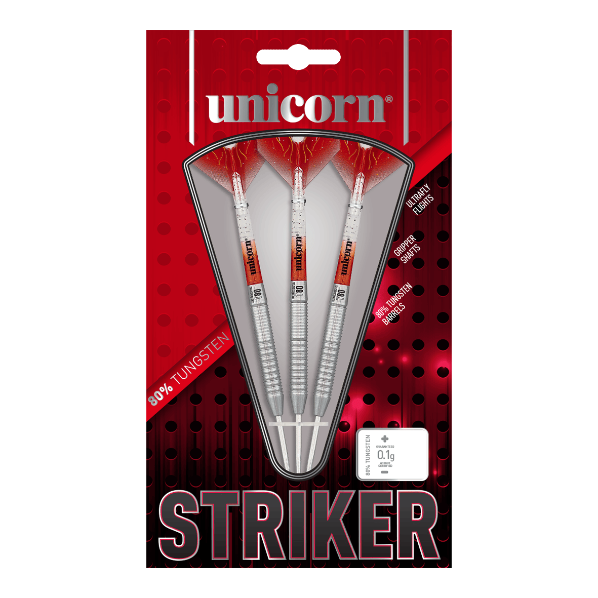 Dardos de acero Unicorn Core XL Striker Style 1 - 22 g Auf dem Bild sind drei Unicorn Core XL Striker Style 1 Steeldarts mit einem Gewicht von 22g zu sehen. Die Verpackung ist rot-schwarz gestaltet und hebt 80% Tungsten-Barrels hervor.