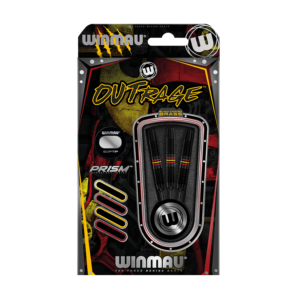 2235-18_Winmau_Outrage_Black_Coated_Brass_Softdarts_3 Das Bild zeigt eine Packung Winmau Outrage V1 Black Coated Brass Softdarts mit einem Gewicht von 18g. In der Verpackung sind drei schwarze Softdarts mit farbigen Ringen zu sehen.