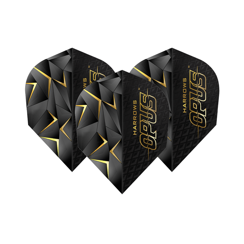 Harrowovy Opus verze 3 lety Das Bild zeigt die Harrows Opus Version 3 Flights. Sie sind schwarz mit goldenen Akzenten und geometrischem Muster gestaltet.