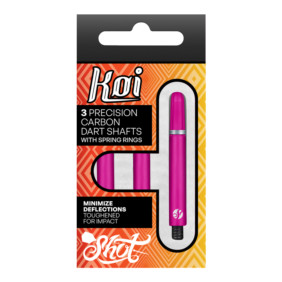 Shot Koi Carbon Shafts - Pink Auf dem Bild ist eine Verpackung mit drei pinkfarbenen Präzisions-Carbon-Dartschäften zu sehen. Die Schäfte sind für minimale Ablenkungen und erhöhte Schlagfestigkeit ausgelegt.