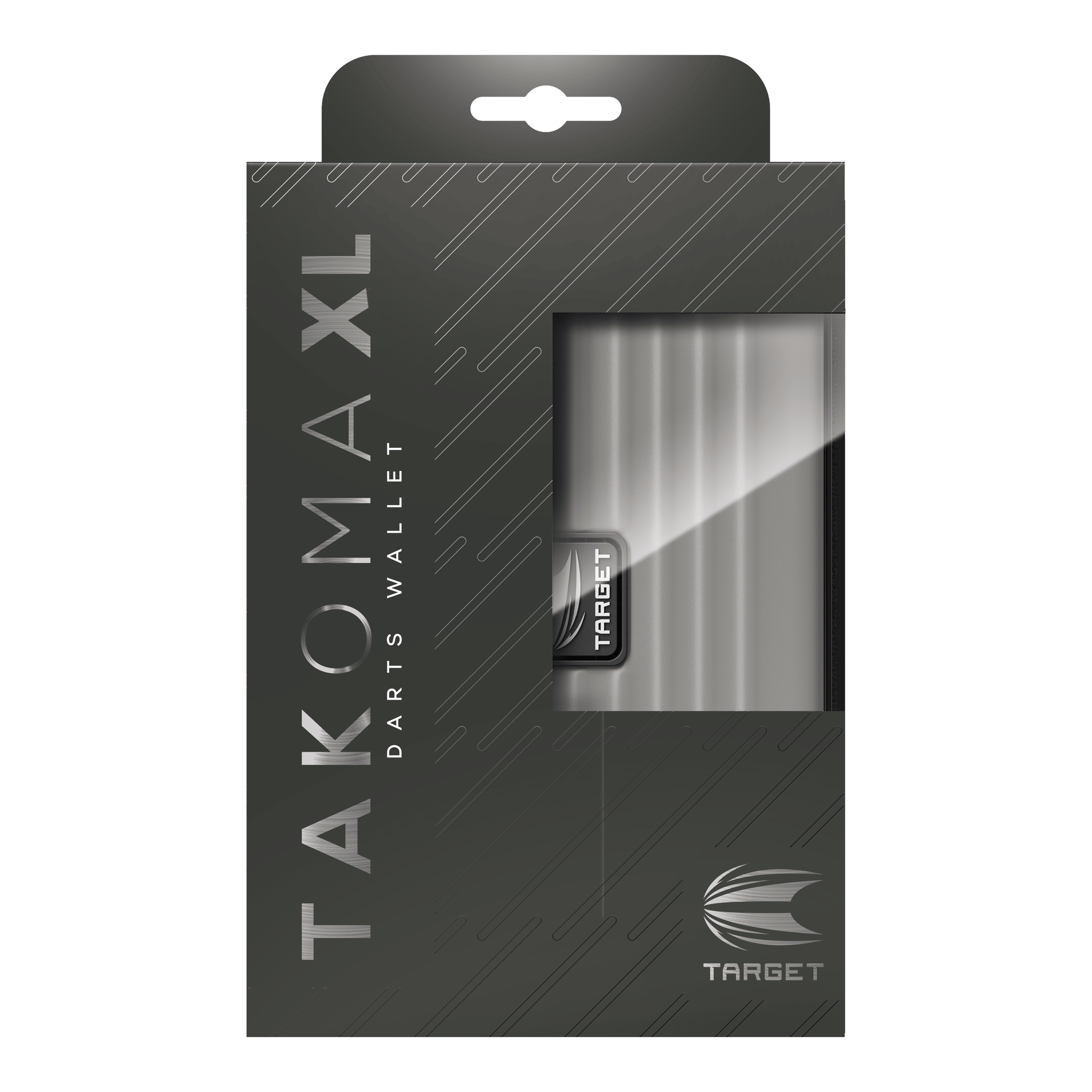 Target Takoma XL Dartwallet Die Abbildung zeigt eine Verpackung für ein Dart-Etui mit der Aufschrift "TAKOMA XL DARTS WALLET". Die Verpackung ist grau und bietet durch ein Sichtfenster einen Blick auf das darin enthaltene Etui.