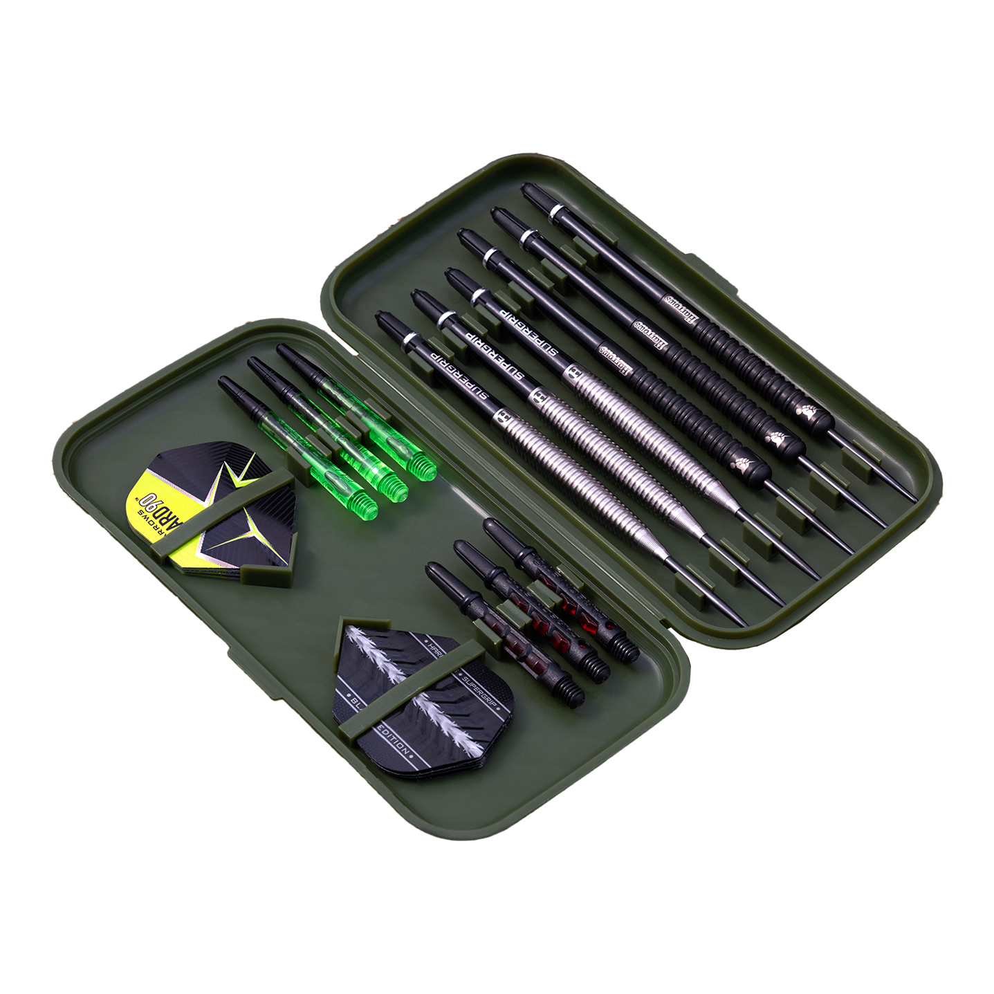 Étui à fléchettes Harrows Slimcase In diesem Bild ist ein offenes Dartcase mit mehreren Darts und Zubehör zu sehen. Das Etui enthält Dartpfeile, Flights und Ersatzschäfte in einer geordneten Anordnung.