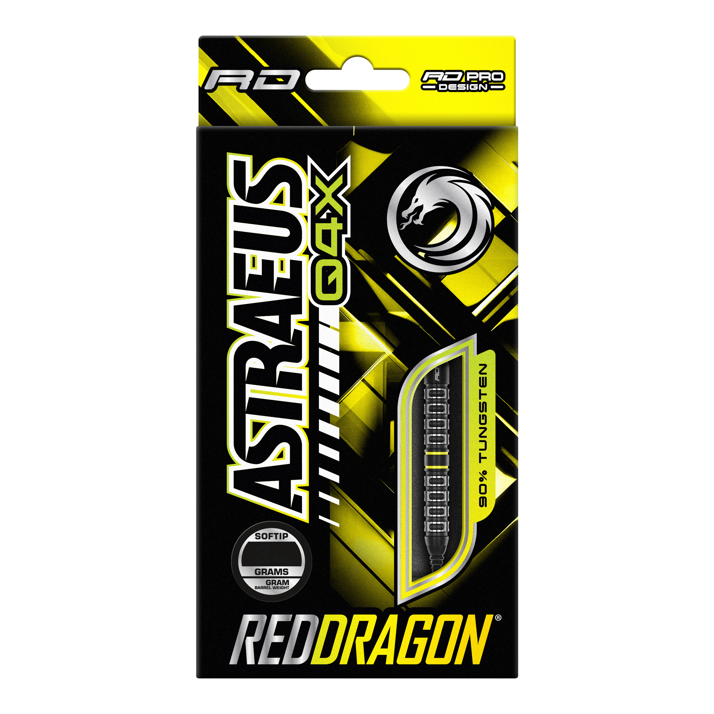 Red Dragon Astraeus Q4X Parallel Softdarts - 20g Die Verpackung zeigt die Softdarts "Red Dragon Astraeus Q4X Parallel" mit einem Gewicht von 20 Gramm. Das Design ist hauptsächlich in Schwarz und Gelb gehalten und hebt hervor, dass die Darts zu 90% aus Tungsten bestehen.