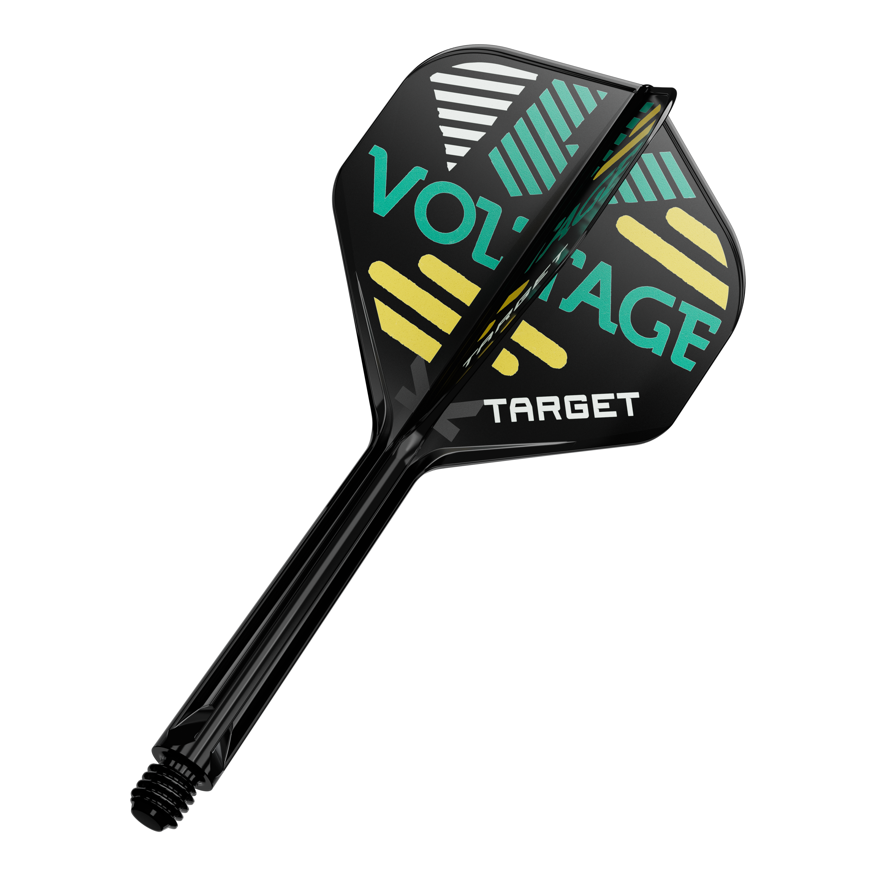 Target K-Flex Rob Cross No2 Standard Flight-Shaft-System Dieses Bild zeigt eine schwarze Dartflügel- und Schaftkombination. Auf dem Dartflügel stehen die Wörter "VOLTAGE" und "TARGET" in bunten Farben.
