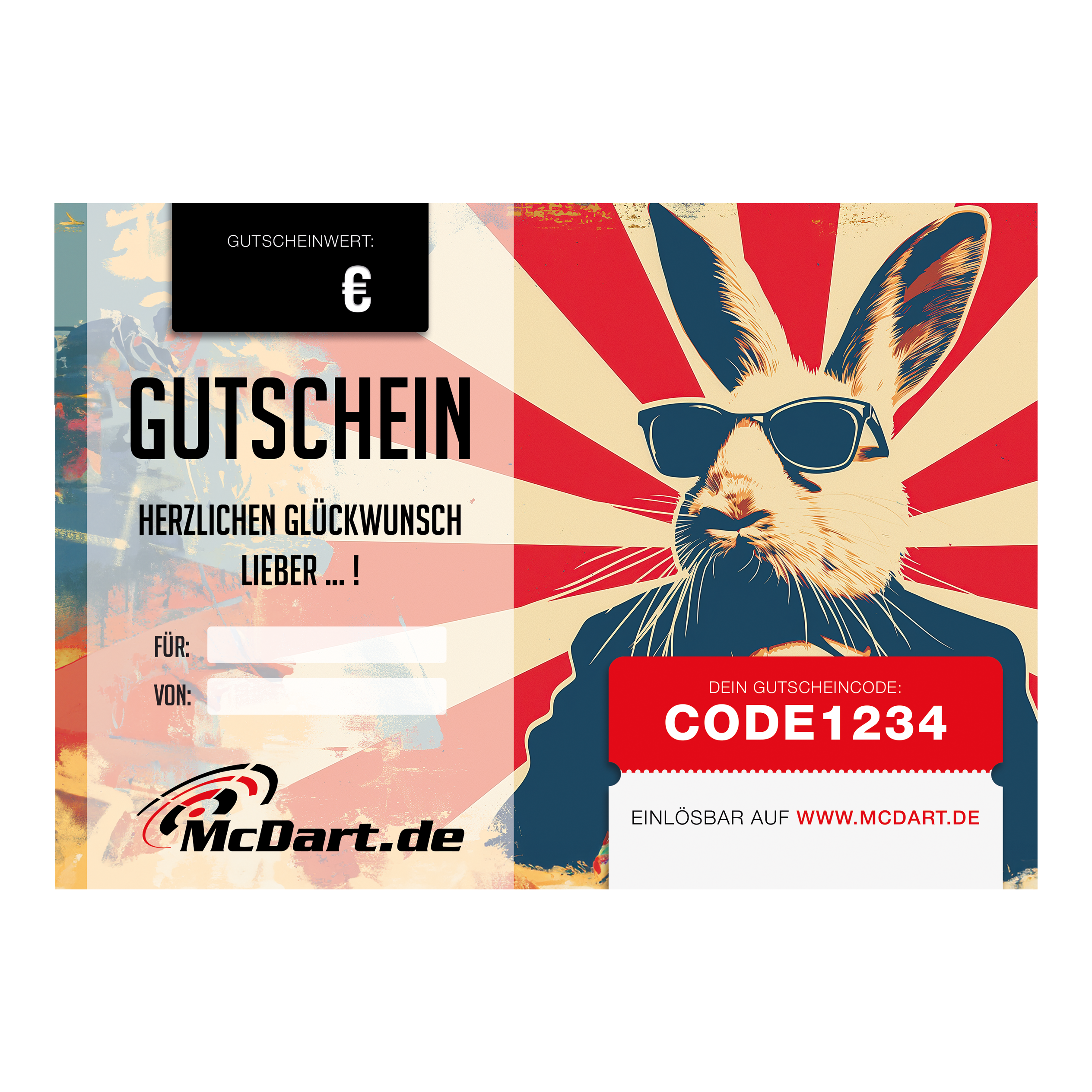 Oster-Gutschein Das Bild zeigt einen Oster-Gutschein von McDart.de mit einem coolen Hasen mit Sonnenbrille. In der Mitte steht „Gutschein“ und rechts ist ein Feld für den Gutscheincode.
