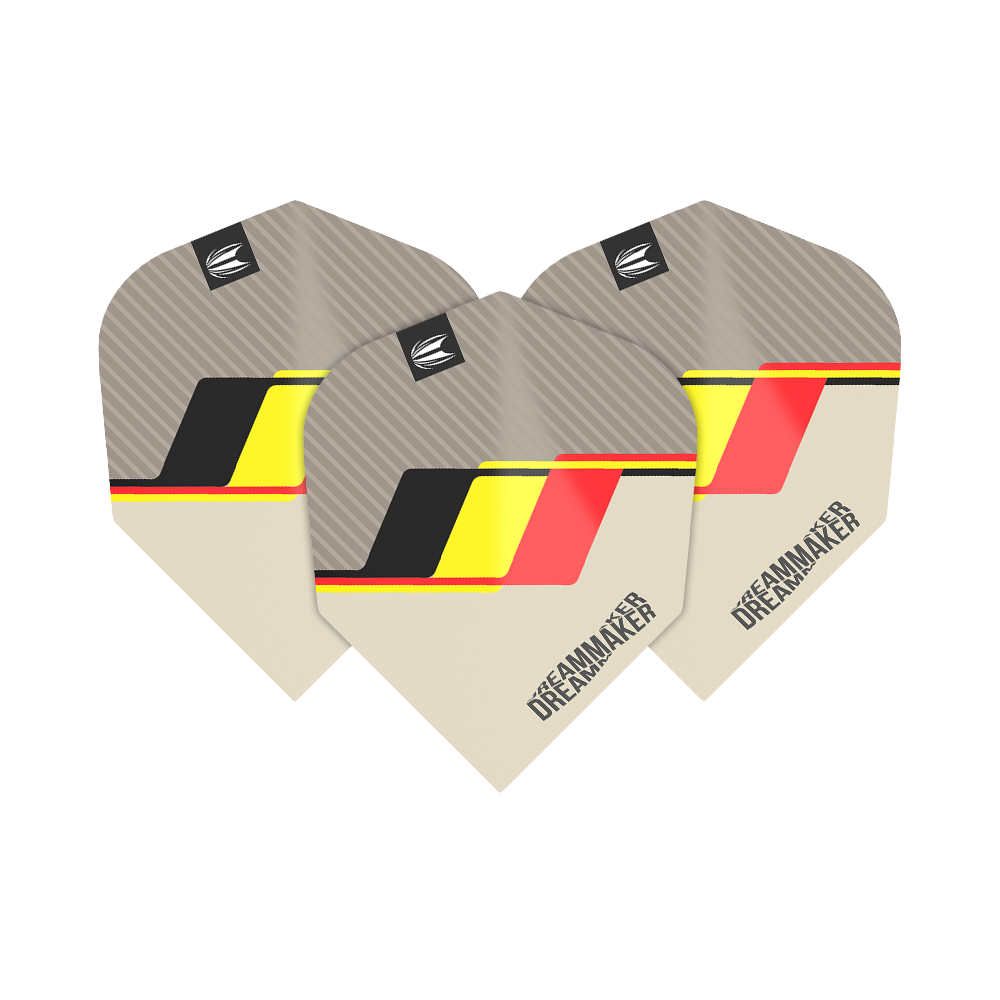 TG77_336500_Target_Pro_Ultra_Dimitri_Van_Den_Bergh_2022_No6_Flights_1Y2T6lpYnpGDcx Das Bild zeigt drei Target Pro Ultra Dimitri Van Den Bergh No6 Flights. Sie haben ein modernes Design mit den Farben Schwarz, Gelb und Rot sowie dem Schriftzug "DREAMMAKER".