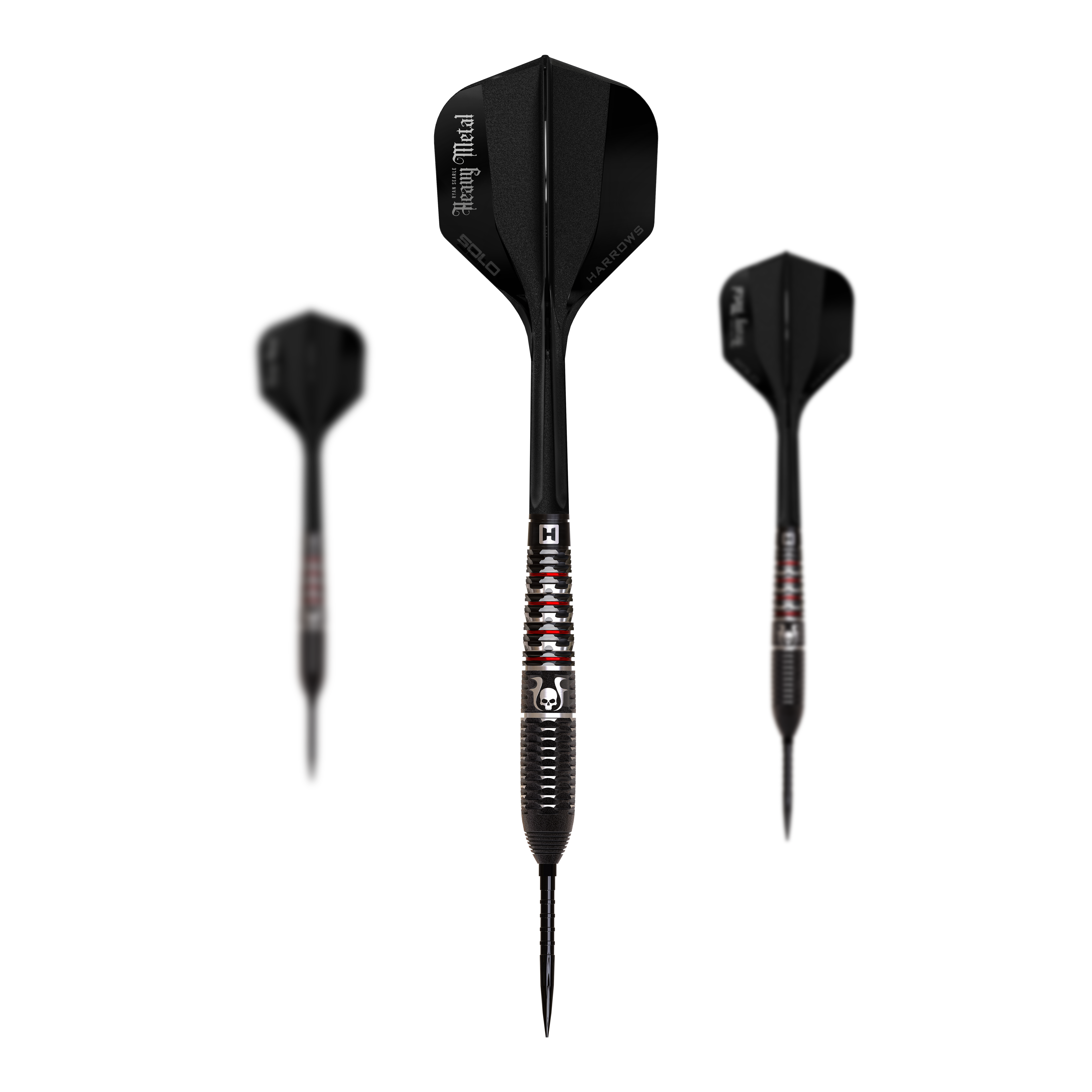 Harrows Ryan Searle Geo Quick Point Steeldarts Ein Komplettset Steeldarts aus der Ryan Searle GEO QuickPoint Serie ist zu sehen. Die Darts glänzen in Silber und Grau.