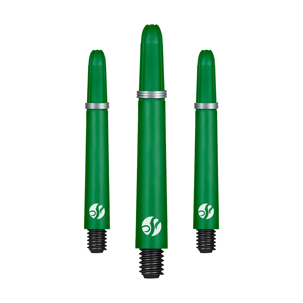 Auf dem Bild sind drei grüne Dartschäfte mit schwarzen Gewinden zu sehen. Sie haben silberne Ringe und ein weißes Logo am unteren Ende.