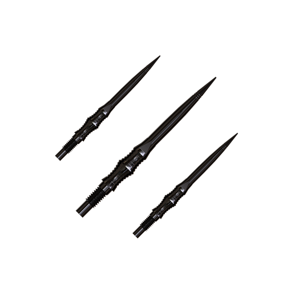 Apex Spire Black Elite Serie Dartspitzen in 30mm sind abgebildet. Sie sind dunkel und schlank.