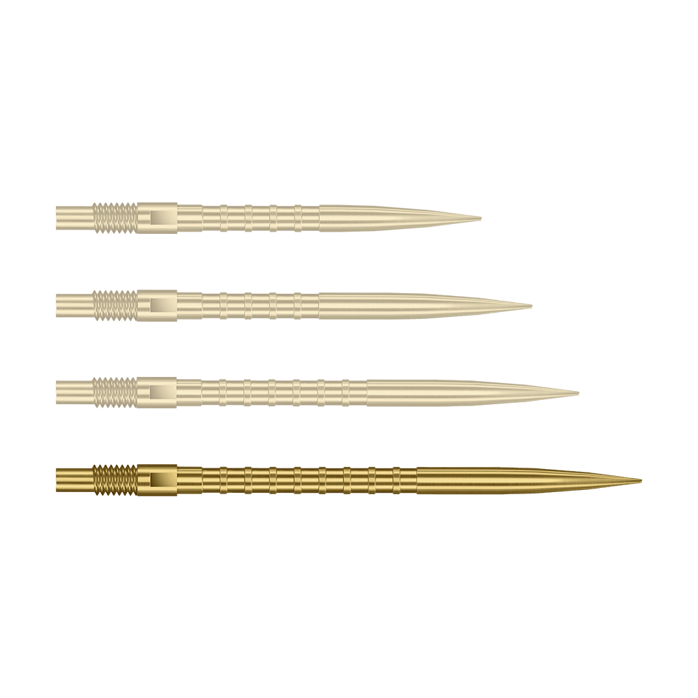 Auf dem Bild ist eine einzelne Harrows Quick Point Heavy Metal Grip Dartspitze in Gold, 40 mm, zu sehen. Die Spitze liegt im Fokus vor hellem Hintergrund.