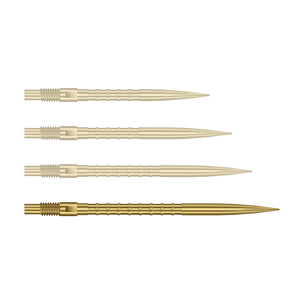 Harrows Quick Point Heavy Metal Dartspitzen - Gold Auf dem Bild ist eine einzelne Harrows Quick Point Heavy Metal Grip Dartspitze in Gold, 40 mm, zu sehen. Die Spitze liegt im Fokus vor hellem Hintergrund.