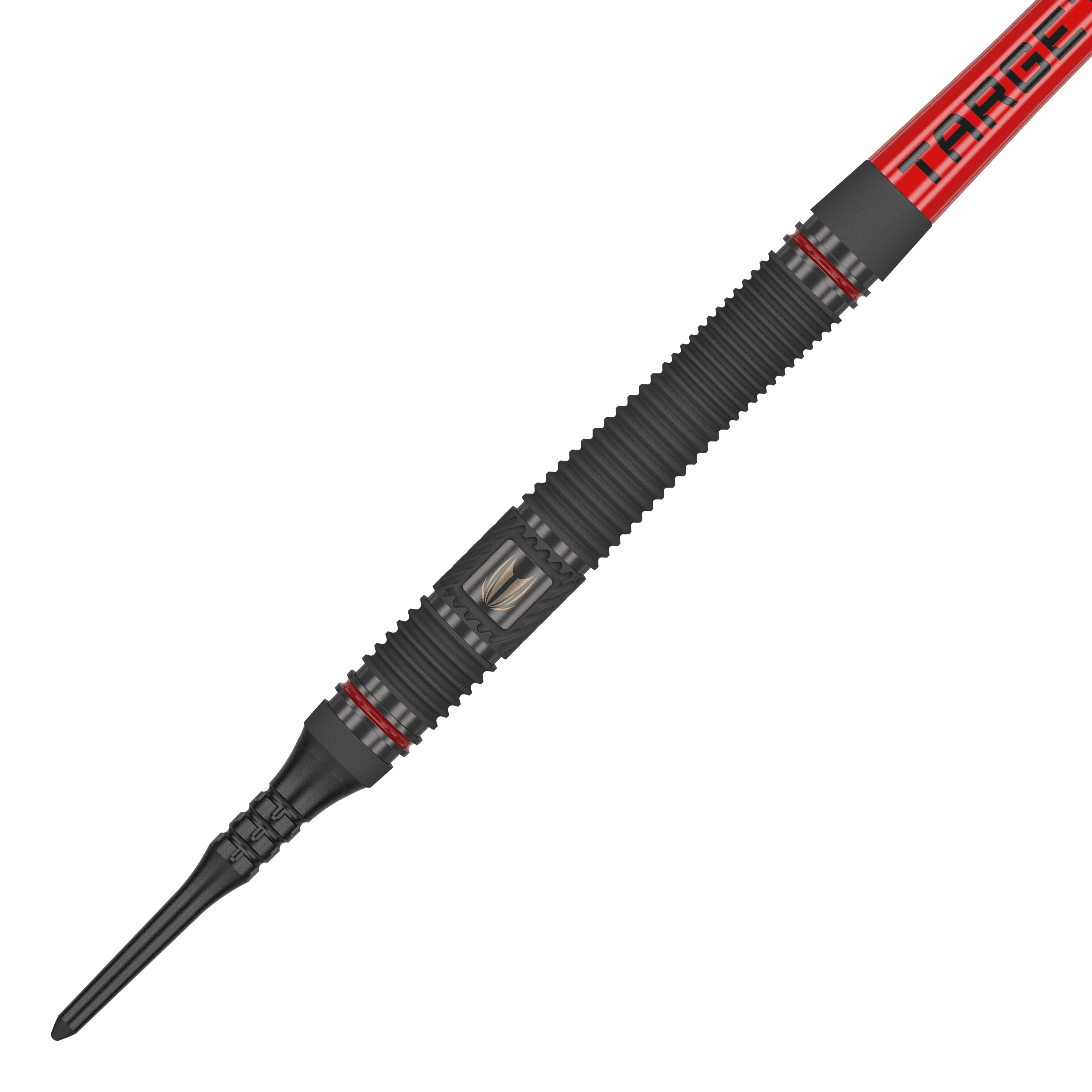 Target Scope 11 Softdarts Das Bild zeigt einen Target Scope 11 Softdart. Der Dartpfeil ist überwiegend schwarz mit roten Akzenten und einer geriffelten Oberfläche für besseren Halt.