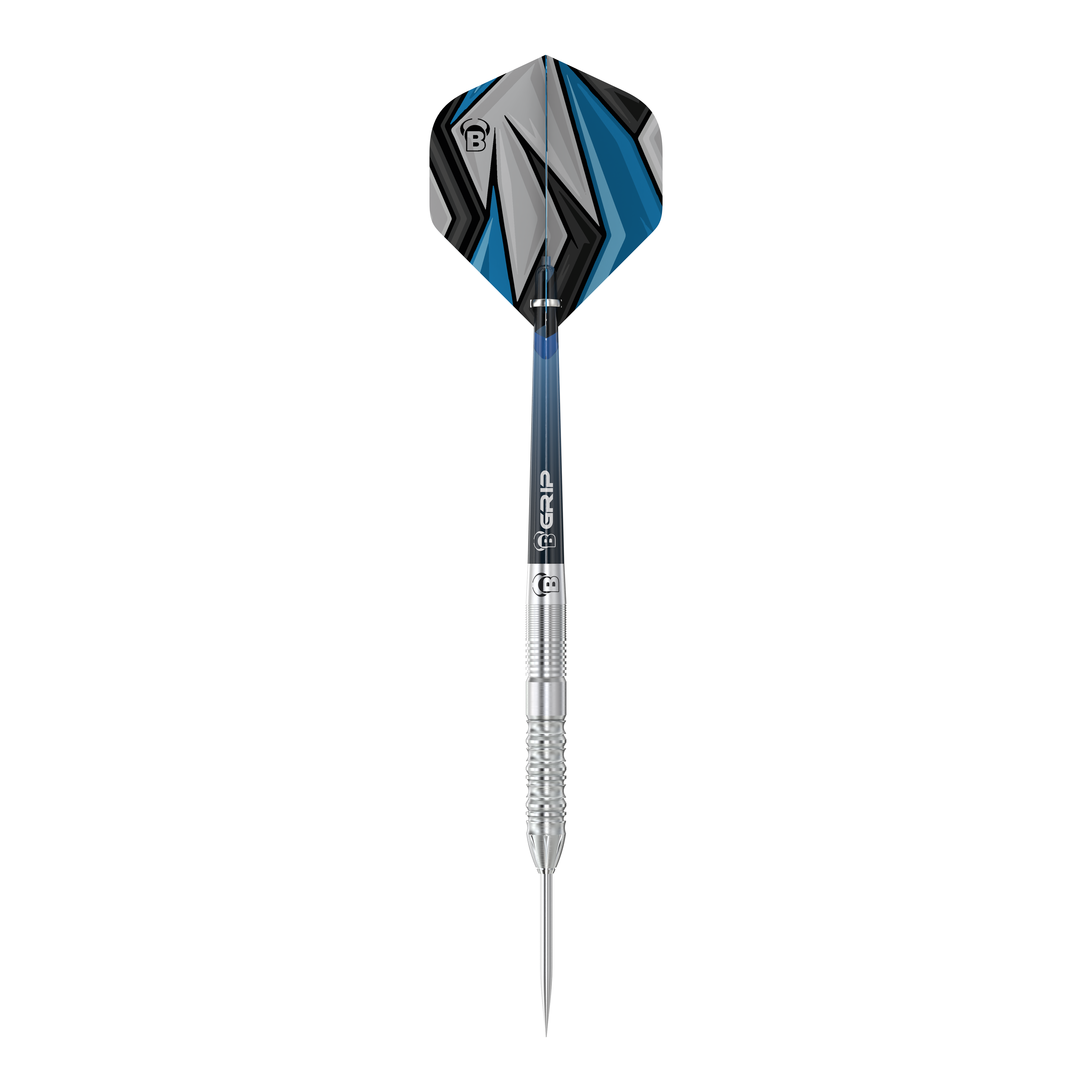 Bulls Stone S2 Steeldarts Das Bild zeigt einen Bulls Stone S2 Steeldart mit silbernem Schaft und spitzer Metallspitze. Die Flights sind in Blau, Schwarz und Grau mit einem modernen, geometrischen Muster gestaltet.