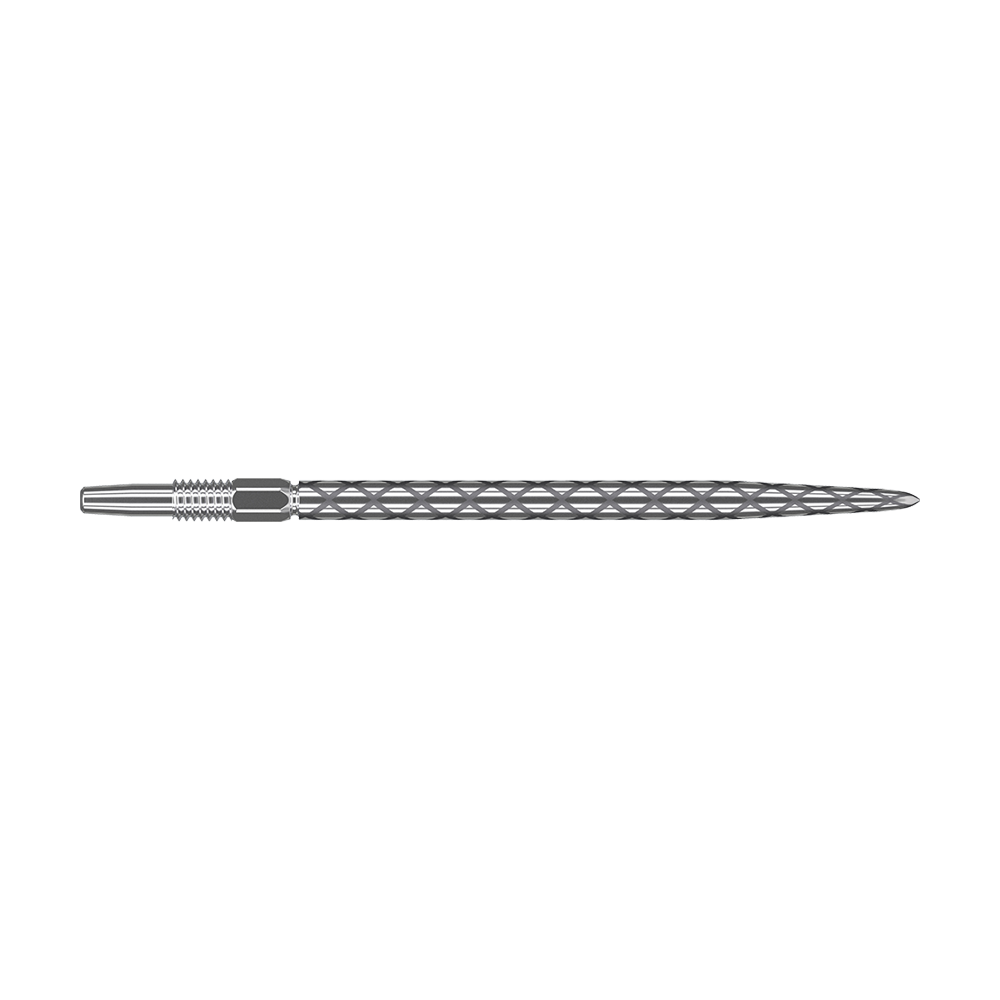 Target Swiss Diamond Pro Silver Points dart tips Das Bild zeigt eine silberne Dartspitze mit einem rautenförmigen Muster auf der Oberfläche. Sie ist lang und schmal gestaltet und besitzt ein Schraubgewinde am hinteren Ende.