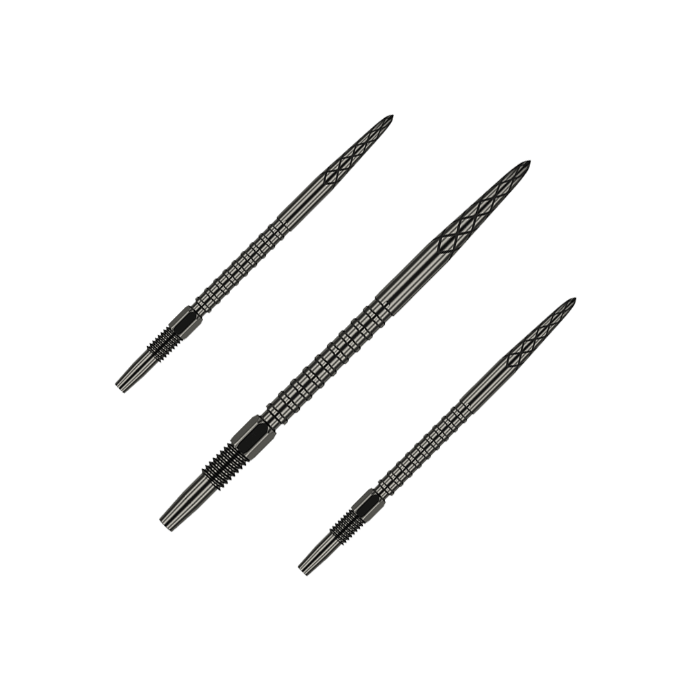 Target Swiss DS Surge Point Dart Tips - Black Das Bild zeigt drei schwarze Dartspitzen mit einem detaillierten, strukturierten Muster. Sie sind in einer diagonalen Anordnung auf grünem Hintergrund platziert.