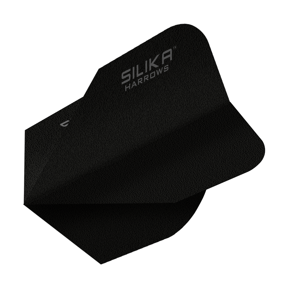 Harrows Silica Solid Houževnatý krystalický povlak Černá No6 Flight Das Bild zeigt ein schwarzes Dartflight mit der Aufschrift "SILIKA HARROWS". Es handelt sich um das Modell "Harrows Silika Solid Tough Crystalline Coating Black No6 Flight".