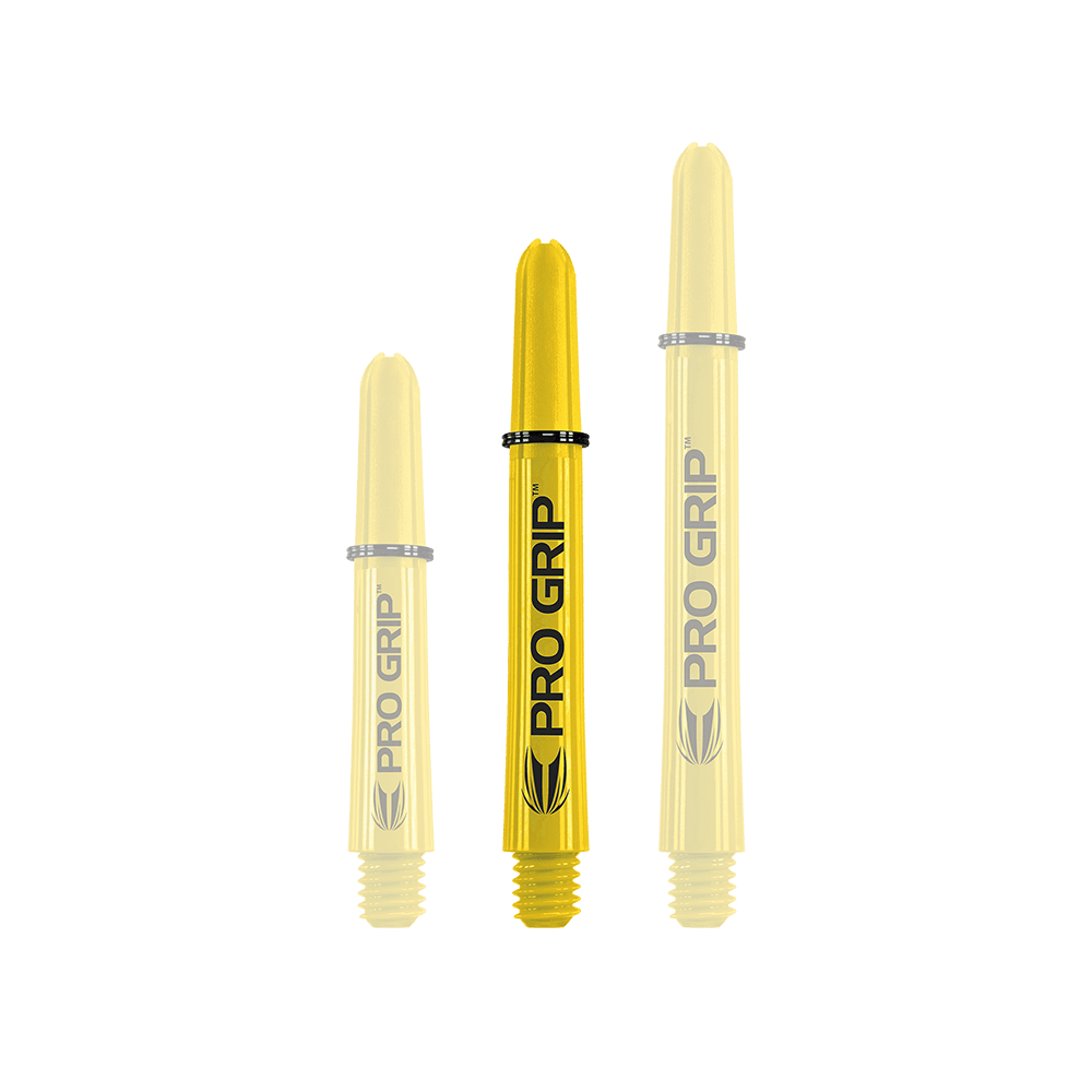 Target Pro Grip Shafts - 3 set - Giallo Auf dem Bild sind drei gelbe Dart-Schäfte der Marke "Pro Grip" in verschiedenen Längen zu sehen. Sie stehen aufrecht nebeneinander vor weißem Hintergrund.