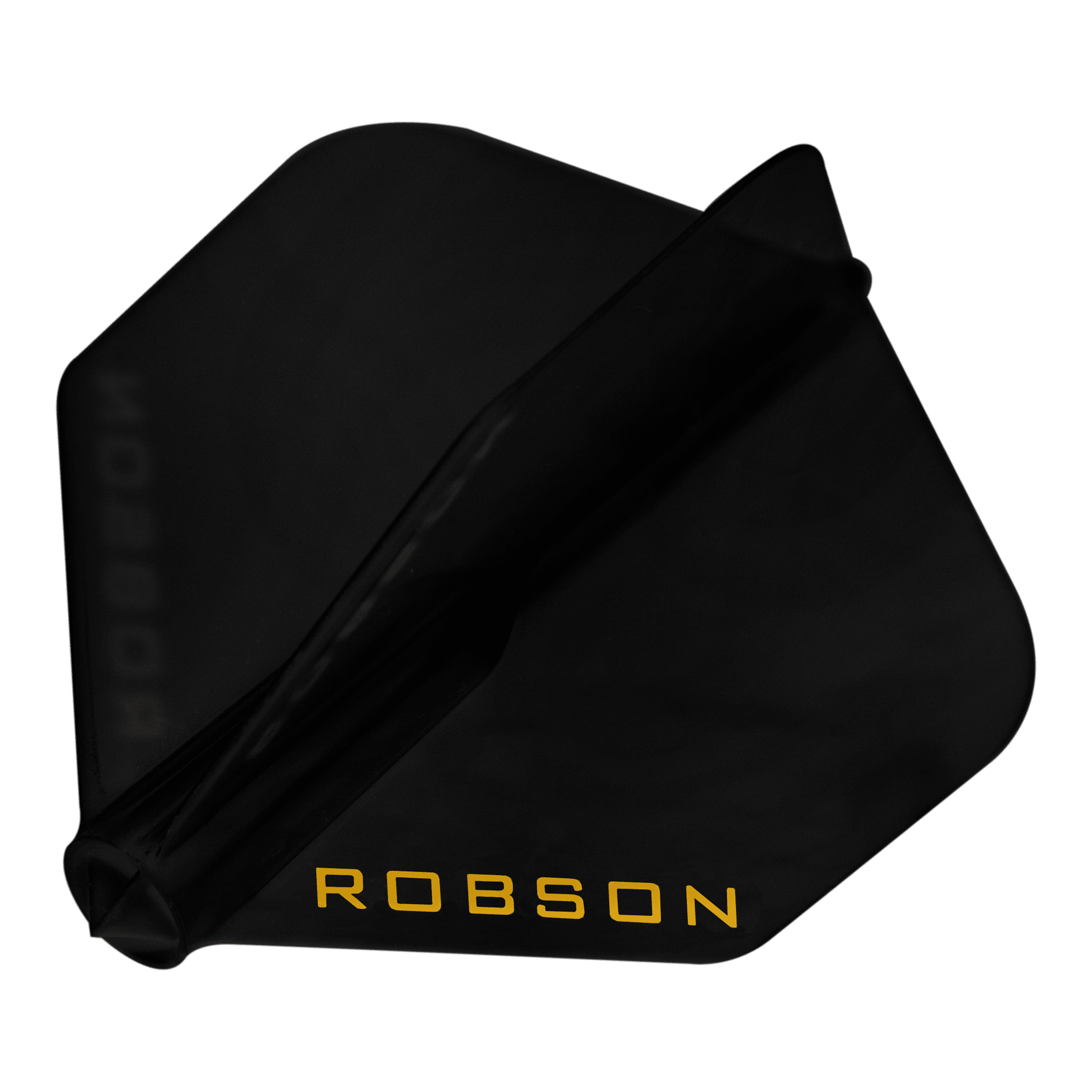 Voli Robson Plus - NO6 Das Bild zeigt einen schwarzen Dartflug. Auf dem Flug steht in gelber Schrift das Wort "ROBSON".
