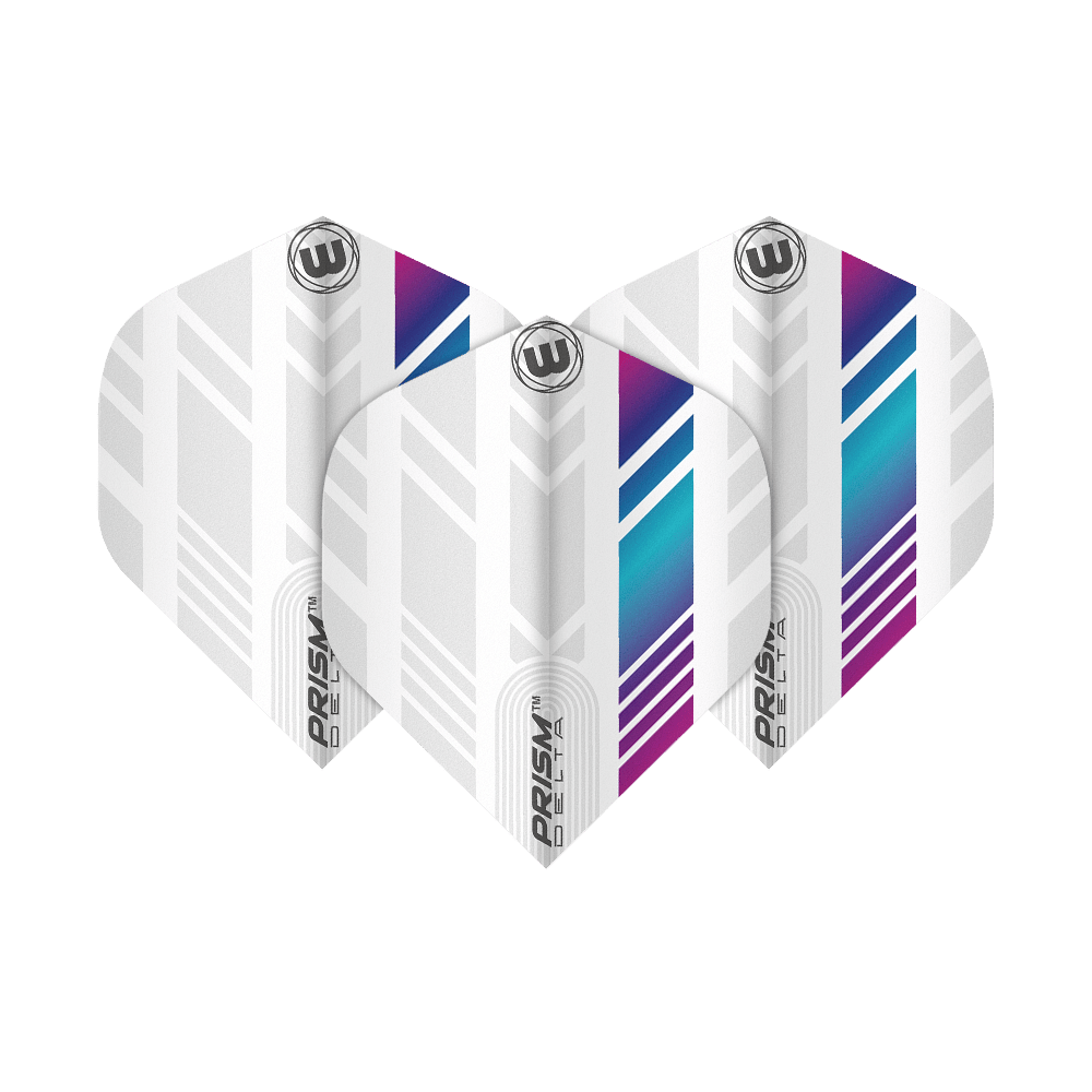 6915-213_Winmau_Prism_Delta_6915-213_Standard_Flights_1vVW78bffVdBBf Das Bild zeigt die Winmau Prism Delta 6915.213 Standard Flights. Sie sind überwiegend weiß mit bunten, geometrischen Mustern in Blau, Lila und Türkis.