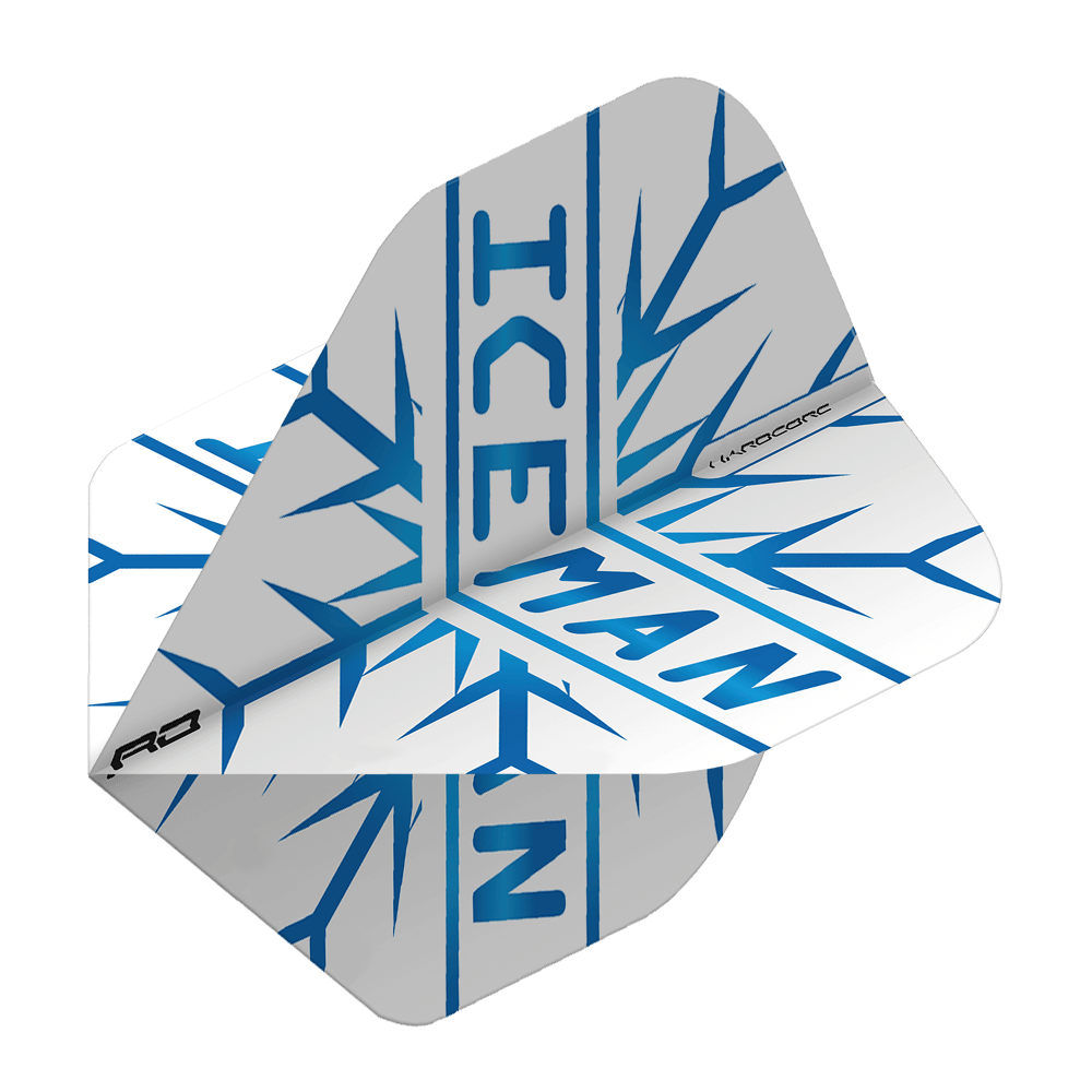 TF6421_RedDragon_Hardcore_Gerwyn_Price_Iceman_Standard_Flights_2 Das Bild zeigt einen weißen Dartflight mit blauen Eiszapfen und dem Schriftzug "ICEMAN". Es handelt sich um das Modell "Red Dragon Hardcore Gerwyn Price Iceman Standard Flights".