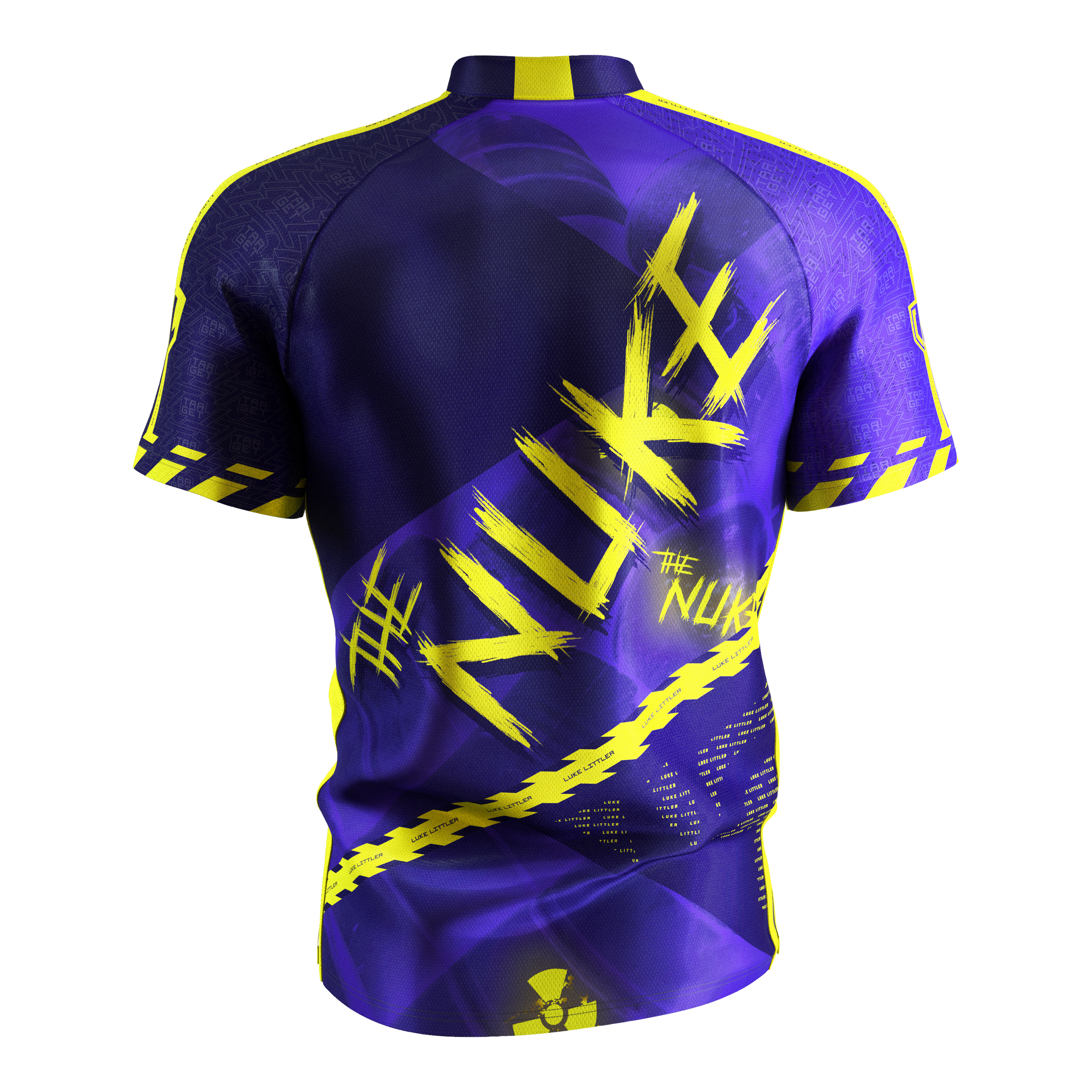 Camiseta de dardos Target Coolplay Luke Littler 2025 Das Bild zeigt das „Target Coolplay Luke Littler 2025 Dartshirt“ von hinten. Das Shirt ist überwiegend lila mit auffälligen gelben Designs und dem Schriftzug „NUKE“ auf dem Rücken.