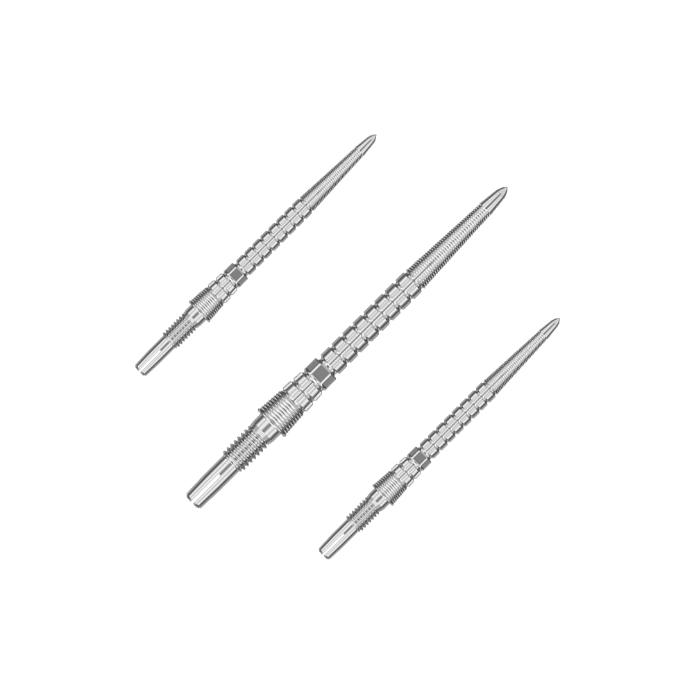 Target Chrono Swiss Storm Point Dart Tips - Silver Mehrere silberne Dartspitzen bilden ein Set. Sie sind gerade nebeneinander platziert.
