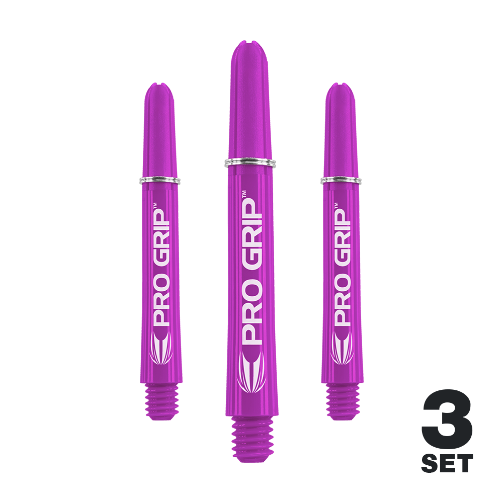 Tiges Target Pro Grip - 3 jeux - Violet Das Bild zeigt drei lilafarbene Pro Grip Dartschäfte. In der rechten unteren Ecke steht "3 Set".