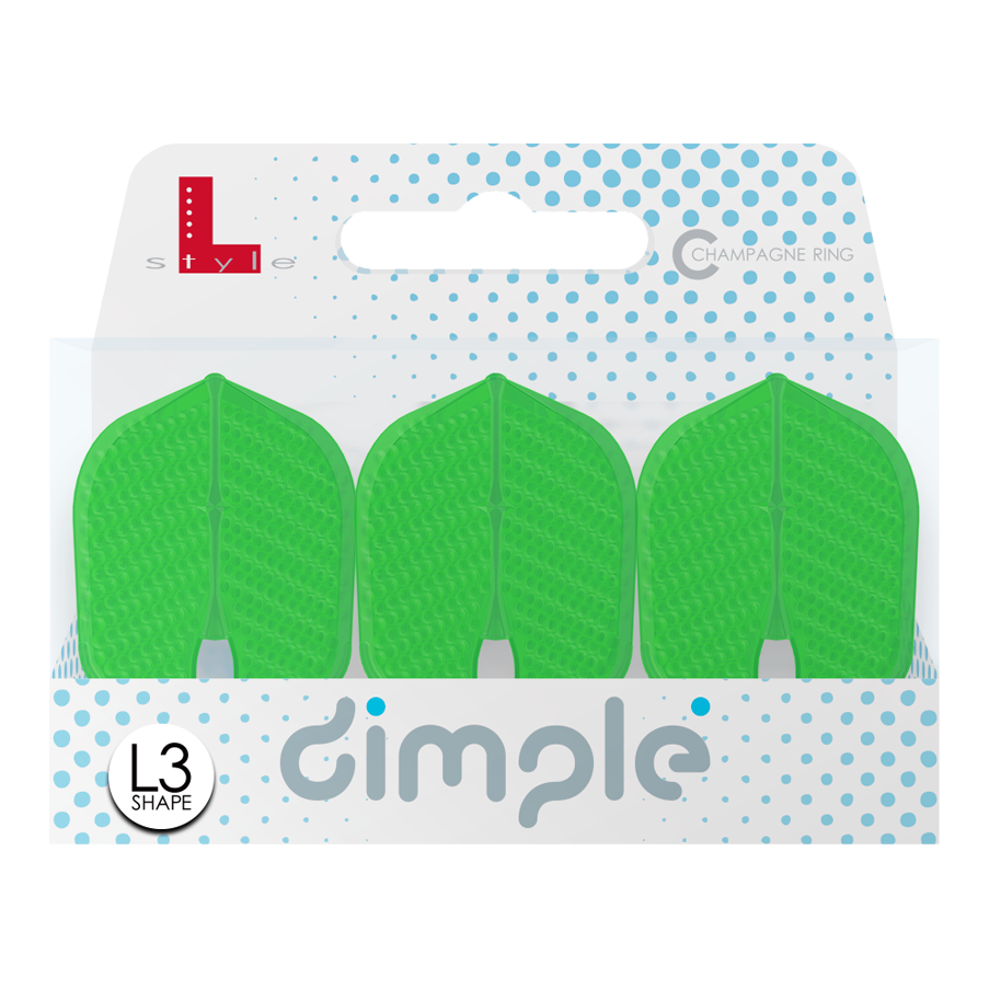 L-Style Flights Dimple Champagne L3PRO Shape Die Abbildung zeigt eine Packung mit drei grünen Dart-Flights der Marke "L-Style" im L3PRO Dimple Shape. Die Verpackung ist weiß mit blauen Punkten und der Aufschrift "dimple".
