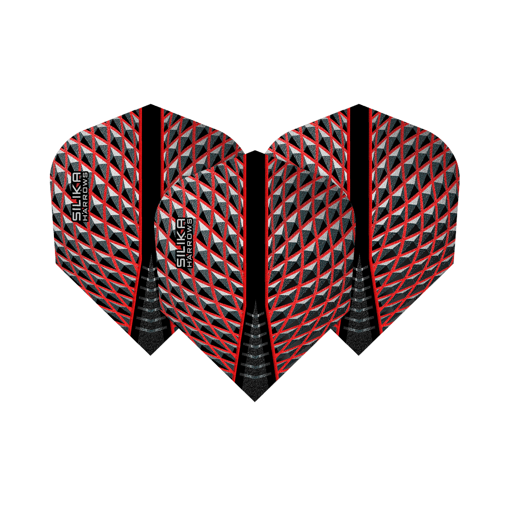 HR80_Harrows_Silika_Red_No6_Flights_15UyhR3HlXt4ok Das Bild zeigt die Harrows Silika Red No6 Flights. Sie haben ein auffälliges Muster in Rot, Schwarz und Silber.