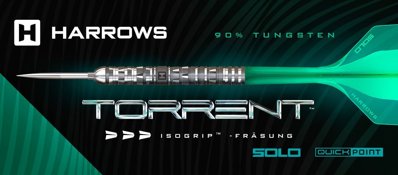 Das Foto zeigt eine Packung Harrows Torrent Darts. Dartpfeile und Markenlogo sind auf der Verpackung klar sichtbar.