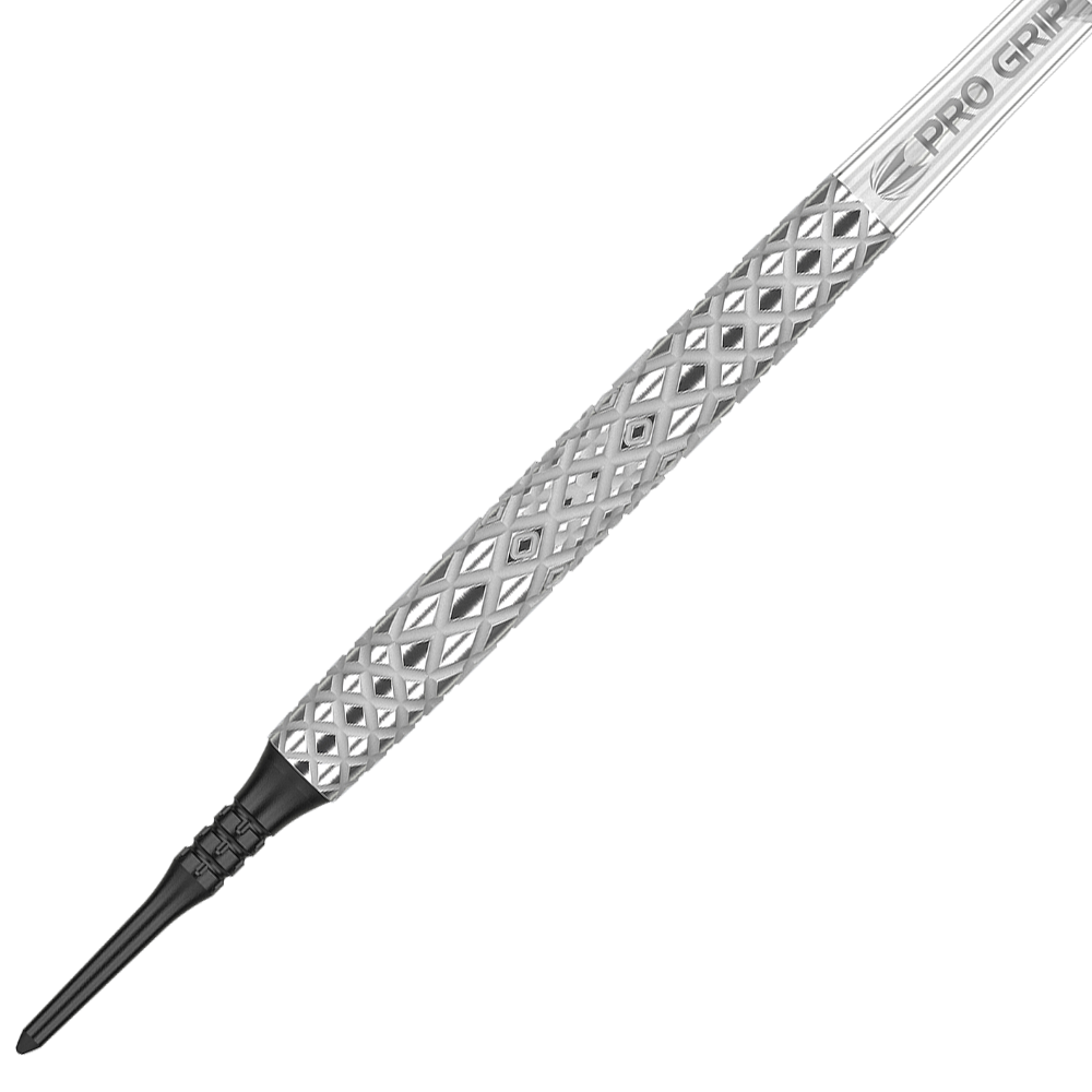 210134_Target_Nastri_10_Softdarts_2 Das Bild zeigt einen Target Nastri 10 Softdart mit einem silbernen, diamantförmig gemusterten Griff. Die Spitze des Darts ist schwarz und besteht aus Kunststoff.