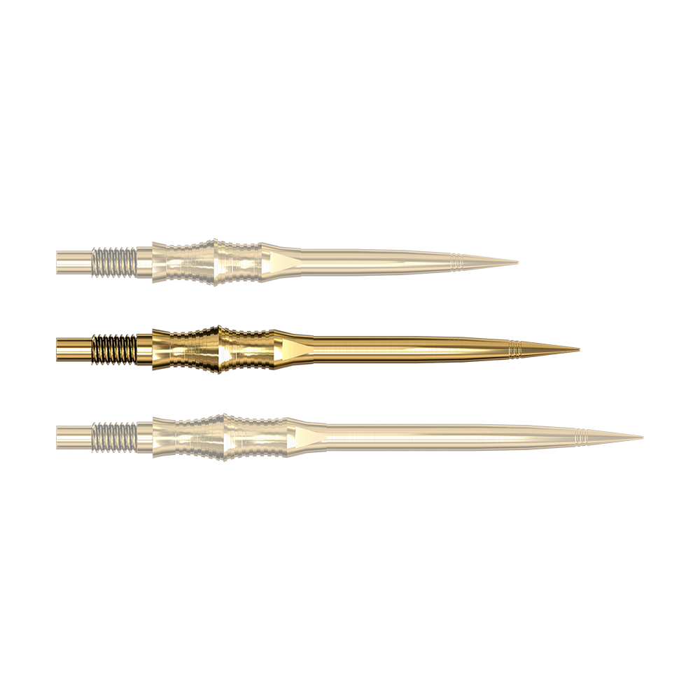 Apex Spire Gold Elite Serie Dartspitzen in 35mm Ausführung sind abgebildet. Die Spitzen sind goldfarben.