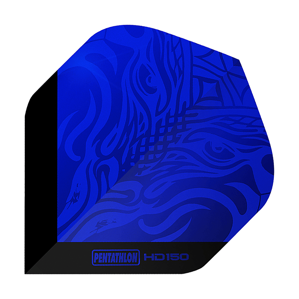 Pentathlon HD150 metalicky modré standardní letky Das Bild zeigt ein Dartflight in metallisch blau mit künstlerischem Muster. Unten steht der Schriftzug „PENTATHLON HD150“.