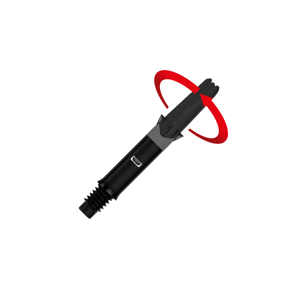Wałki L-L-Style-Shafts Silent Straight - czarne Das Bild zeigt einen schwarzen Dart-Schaft ohne Kappen. Ein roter Pfeil deutet eine Drehbewegung am oberen Ende des Schafts an.