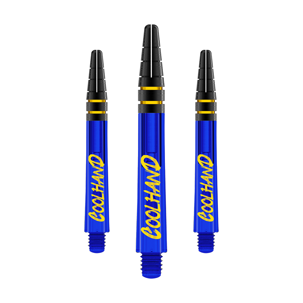 Das Bild zeigt drei blaue Dartschäfte mit der gelben Aufschrift "COOLHAND". Die Schäfte haben schwarze und goldene Ringe am oberen Ende.