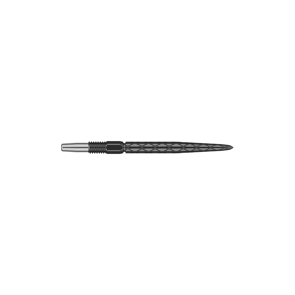 Target Swiss Diamond Pro Black Points dart tips Dies ist eine schwarze Dartspitze mit einem diamantförmigen Muster. Sie ist vorne spitz zulaufend und hat eine silberne Befestigung am hinteren Ende.