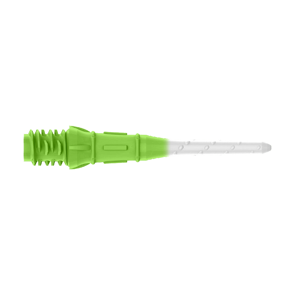 L-Style Premium Two Tone Lippoints (Pack of 30) Das Bild zeigt eine zweifarbige Dartspitze, die grün und weiß ist. Der hintere Teil ist grün und der vordere Teil ist weiß.