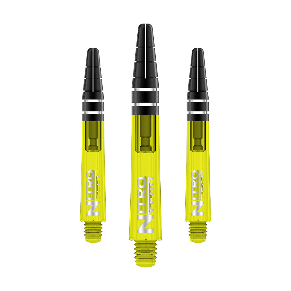 C706_Red_Dragon_Nitrotech_Shafts_Gelb_36mm_1 Das Bild zeigt drei gelbe Dartschäfte mit der Aufschrift "Nitro Tech". Die Schäfte haben schwarze Spitzen und silberne Ringe am oberen Ende.