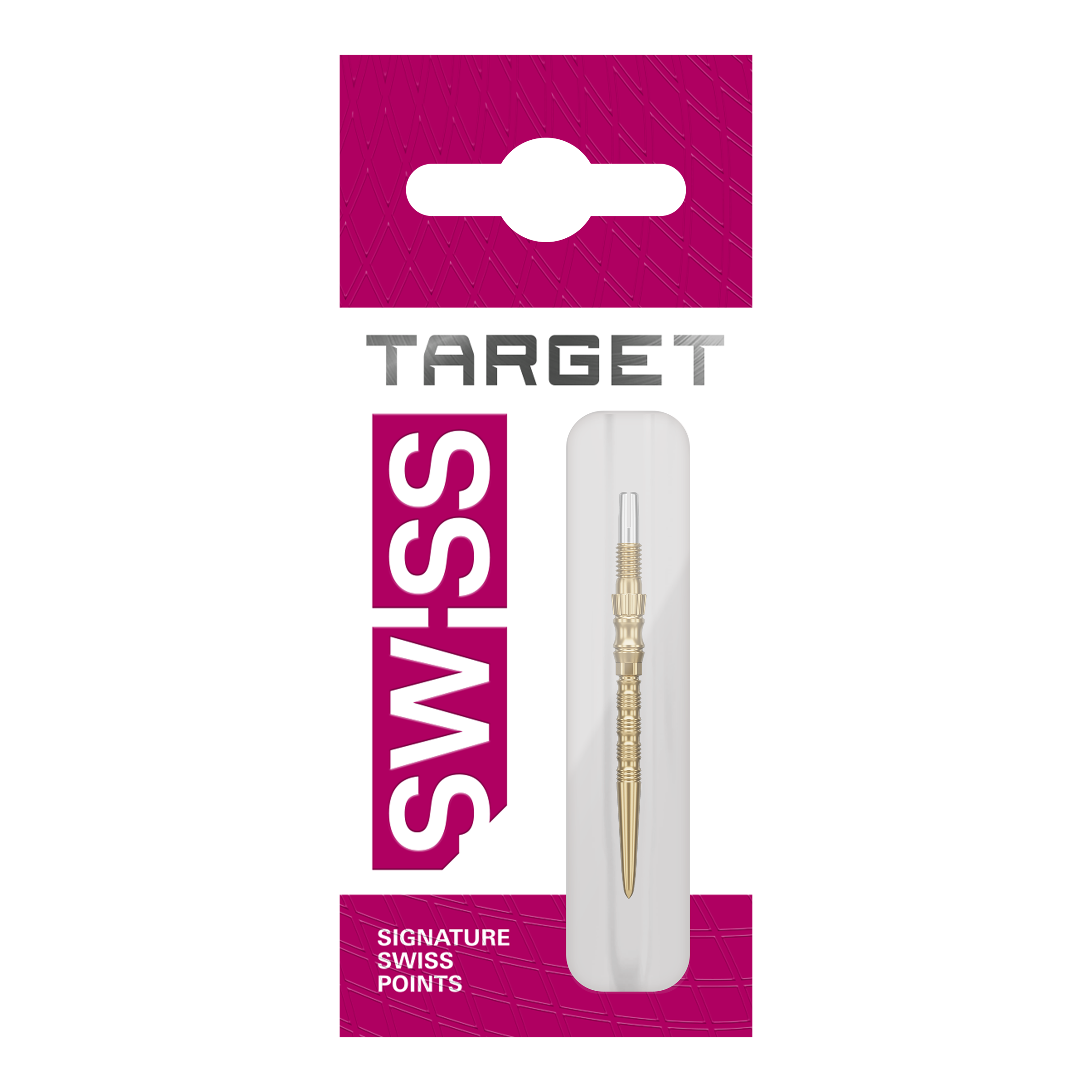 Target Signature Swiss Point TRB Steeldartspitzen - Gold Drei goldene Target SwissPoint Signature TRB Dartspitzen mit 30mm Länge werden dargestellt. Die Spitzen liegen nebeneinander.