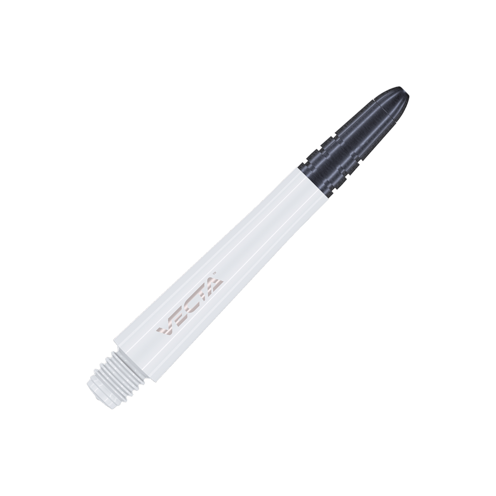 7025-202_Winmau_Vecta_Shafts_Weiss_40mm_2 Das Bild zeigt einen weißen Winmau Vecta Shaft für Darts. Der Schaft hat eine schwarze Spitze und den Schriftzug "Vecta" auf der Seite.