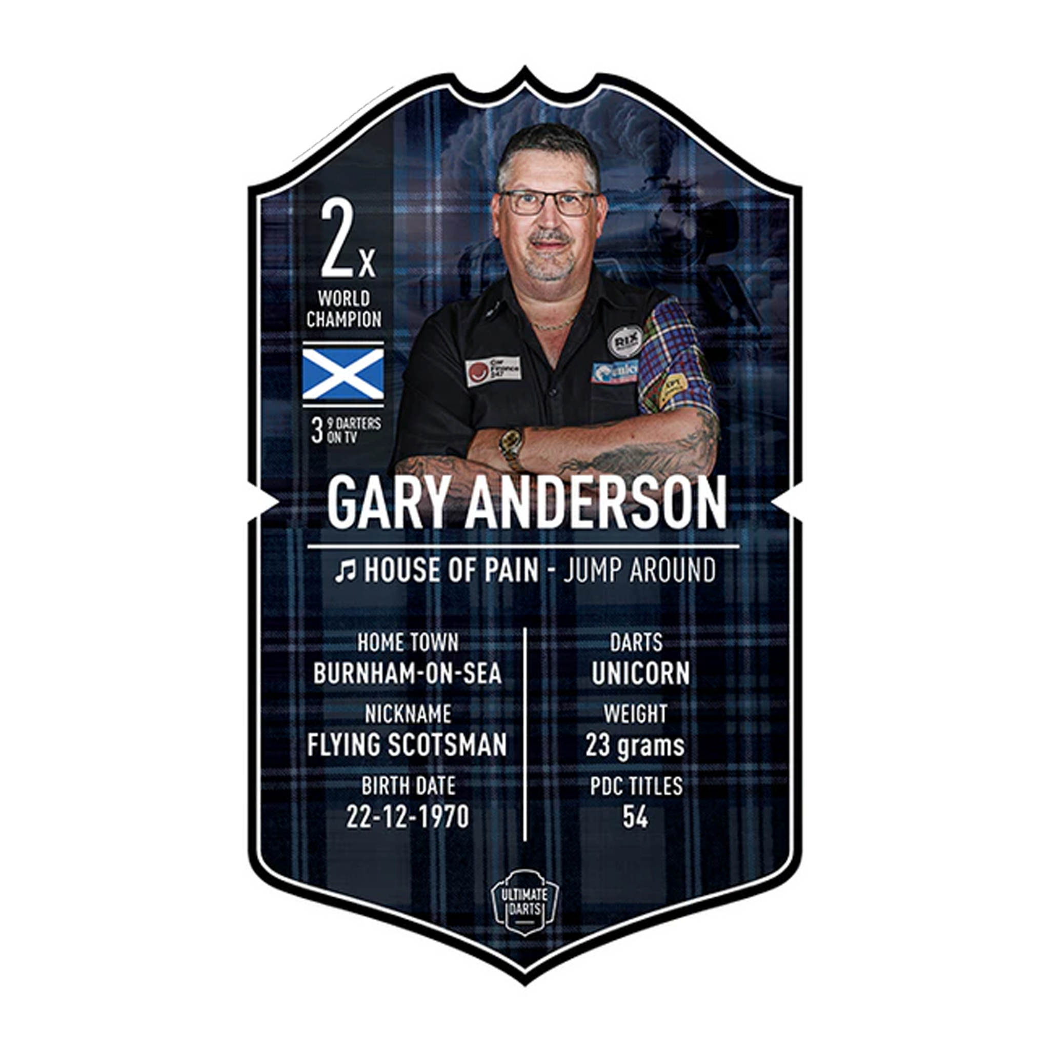 Karta Ultimate Darts – Gary Anderson Ultimate Darts Card - Gary Anderson ist abgebildet. Die Karte zeigt ein Produkt für Dart-Fans.