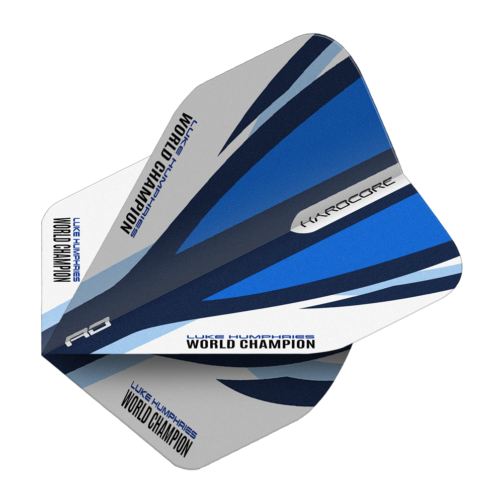 Vols Standard Bleu Blanc Red Dragon Hardcore Luke Humphries Das Bild zeigt die Red Dragon Hardcore Luke Humphries Blue White Standard Flights. Die Dartflights haben ein blau-weißes Design und den Aufdruck "Luke Humphries World Champion".