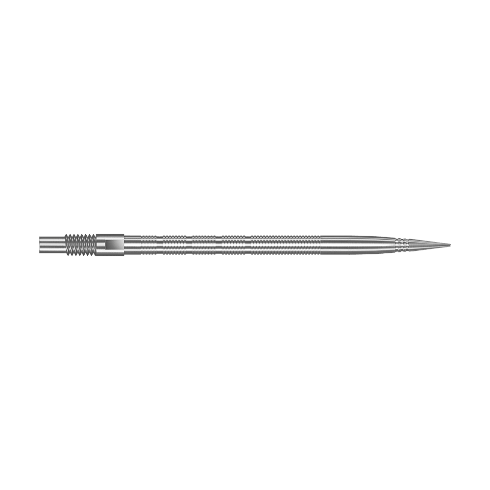 Abgebildet sind silberne Harrows Quick Point MicroRidge Dartspitzen mit einer Länge von 40 mm. Die Spitzen liegen nebeneinander auf dem Bild.