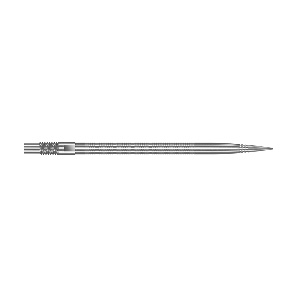 Harrows Quick Point Micro Ridge Dartspitzen - Silber Abgebildet sind silberne Harrows Quick Point MicroRidge Dartspitzen mit einer Länge von 40 mm. Die Spitzen liegen nebeneinander auf dem Bild.