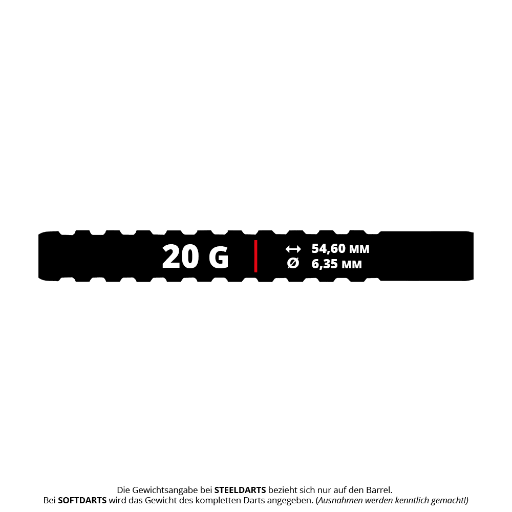 Dardos blandos Red Dragon Javelin Speedline - 20 g Das Bild zeigt die Maße und das Gewicht des Produkts "Red Dragon Javelin Speedline Softdarts - 20g". Der Dart wiegt 20 Gramm, ist 54,60 mm lang und hat einen Durchmesser von 6,35 mm.