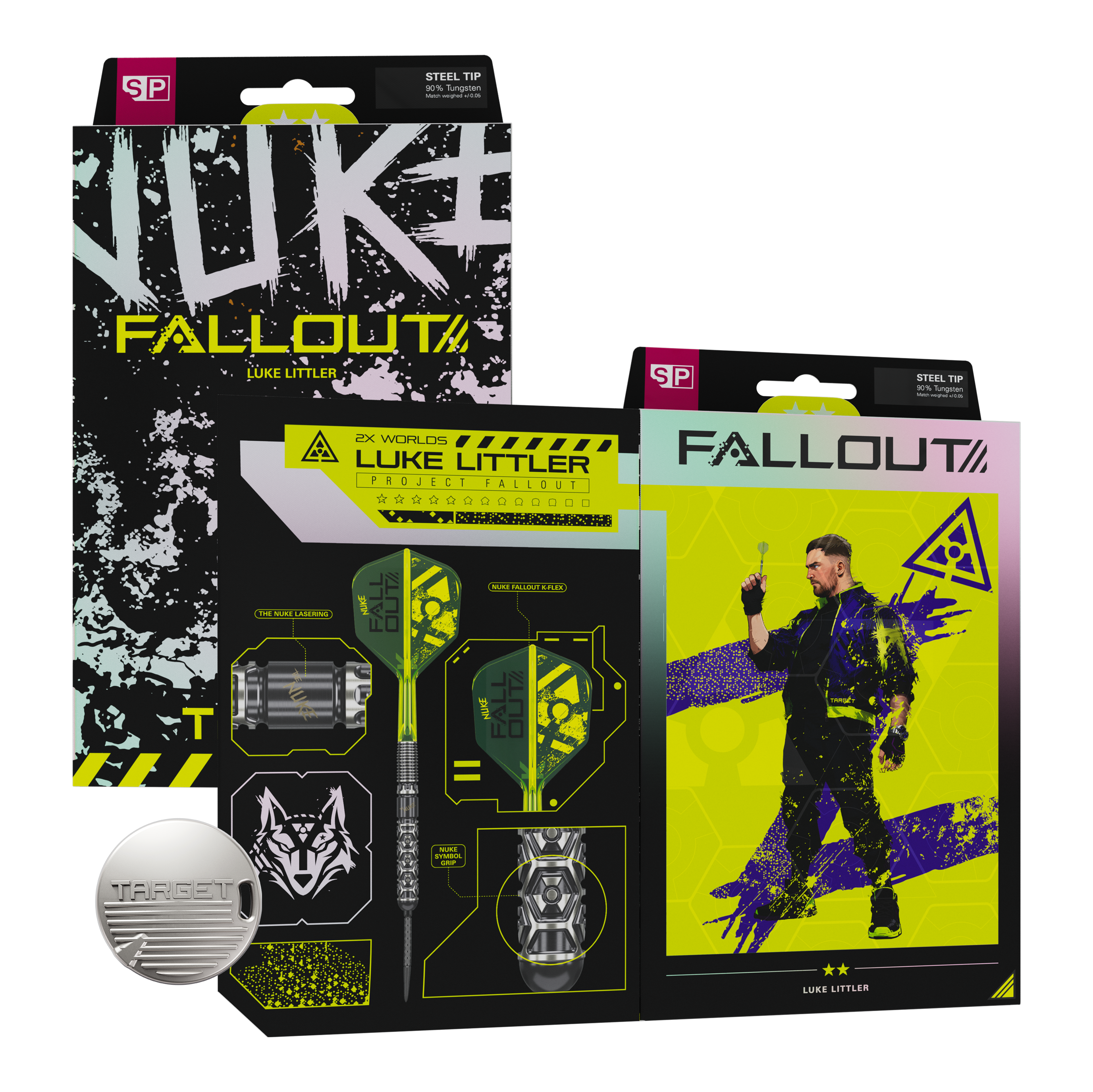 Target Luke Littler Nuke Fallout Swiss Points Steeldarts Das Bild zeigt die Target Luke Littler Nuke Fallout Swiss Points Steeldarts. Die Darts haben ein modernes Design und sind für präzises Spiel entwickelt.