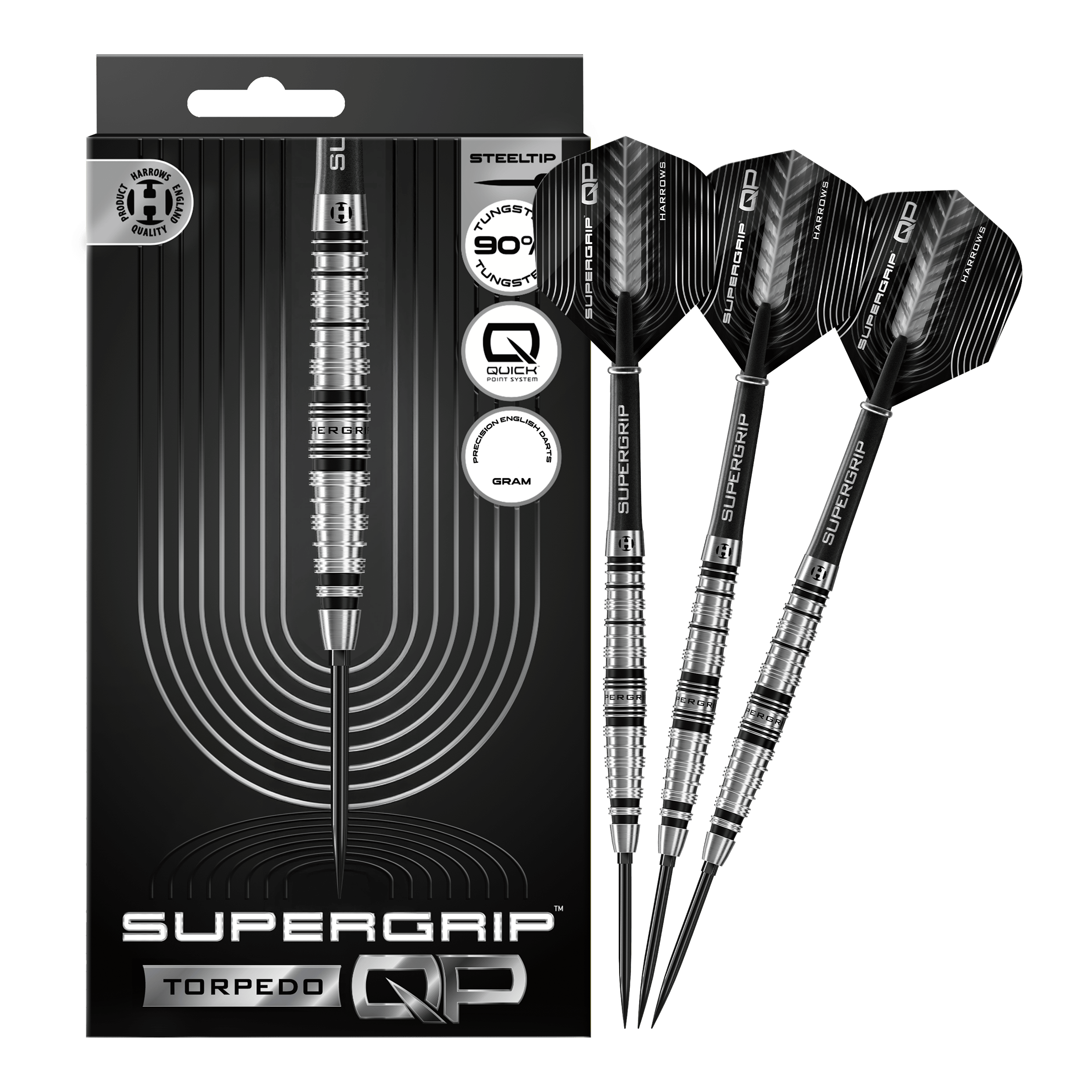 Dardos de acero Harrows Supergrip Torpedo Quick Point Abgebildet sind Harrows Supergrip Torpedo Quick Point Steeldarts. Die Steeldarts sind vollständig dargestellt.
