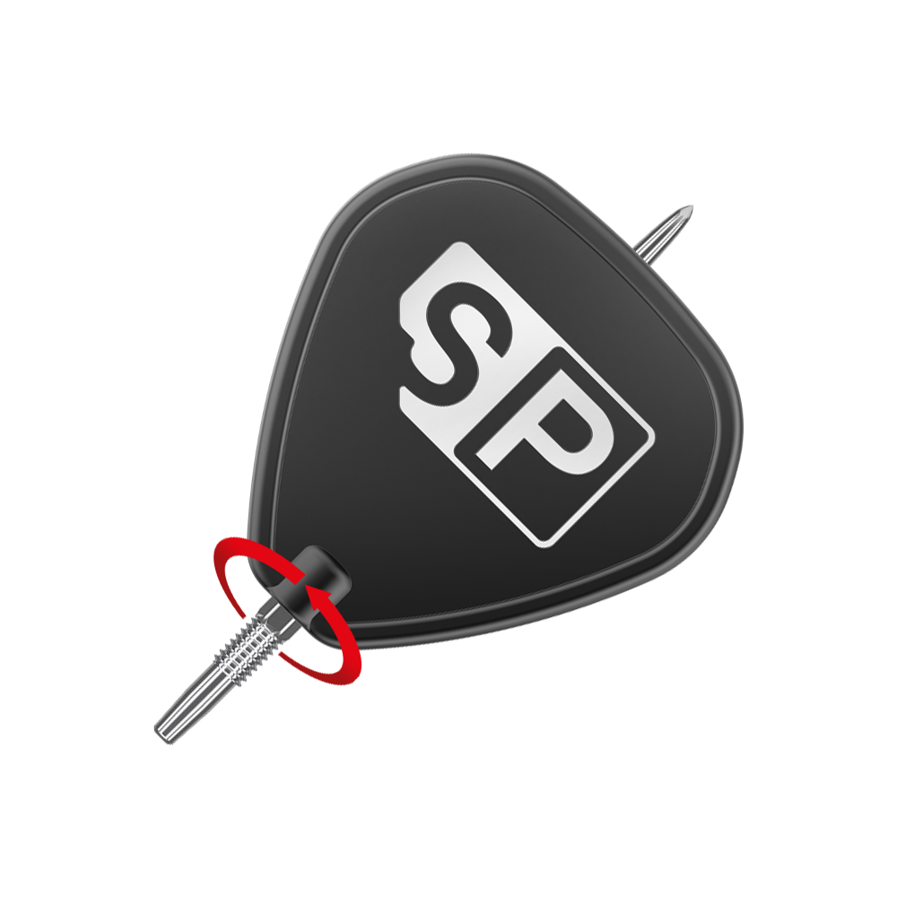 Puntas de dardos Target Swiss Point GRD Silver Das Bild zeigt eine silberne Dartspitze der Marke "Target Swiss Point GRD". Die Spitze ist an einem schwarzen Flightschutz mit den Buchstaben "SP" befestigt.
