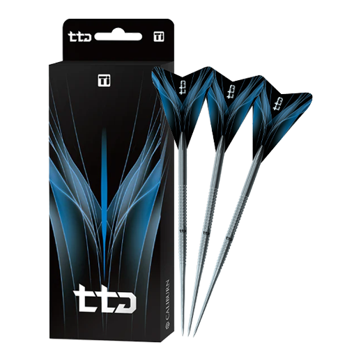 Das Bild zeigt die Caliburn TTD Complete Titanium T1 Silver Steeldarts - 5g. Es handelt sich um hochwertige silberne Steeldarts aus Titan.